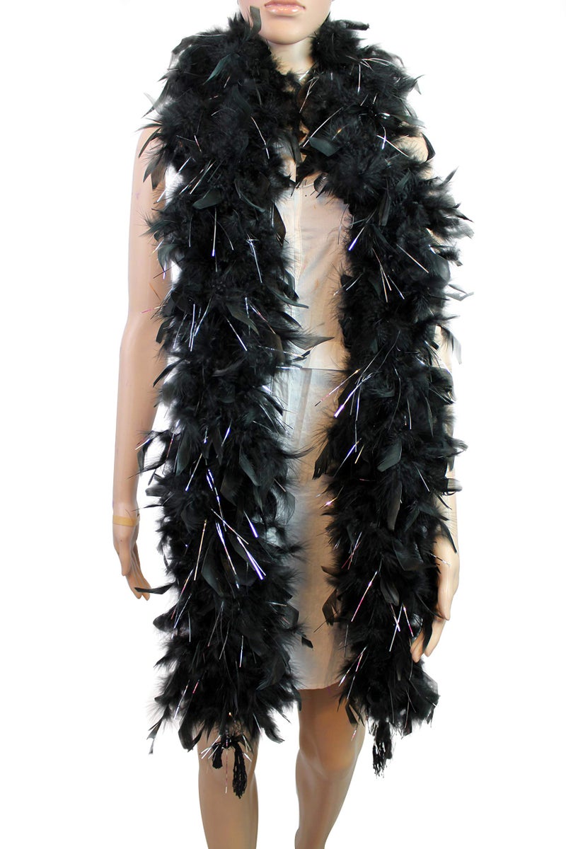 Flydreamfeathers 80 Gram, 2 yards Long Turkey Chandelle Feather Boa 10 Color, Great for Party, Wedding, Halloween Costume, Christmas Tree Decoration (Black w/Silver Tinsel) - Image 2